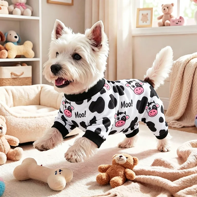 1 Stück Hunde-Pyjama mit Kuhmuster – maschinenwaschbar, Hunde-Schlafanzug, Haustier-Loungewear, lustige Haustierkleidung, weiche und bequeme Haustierbekleidung. – Detail 3