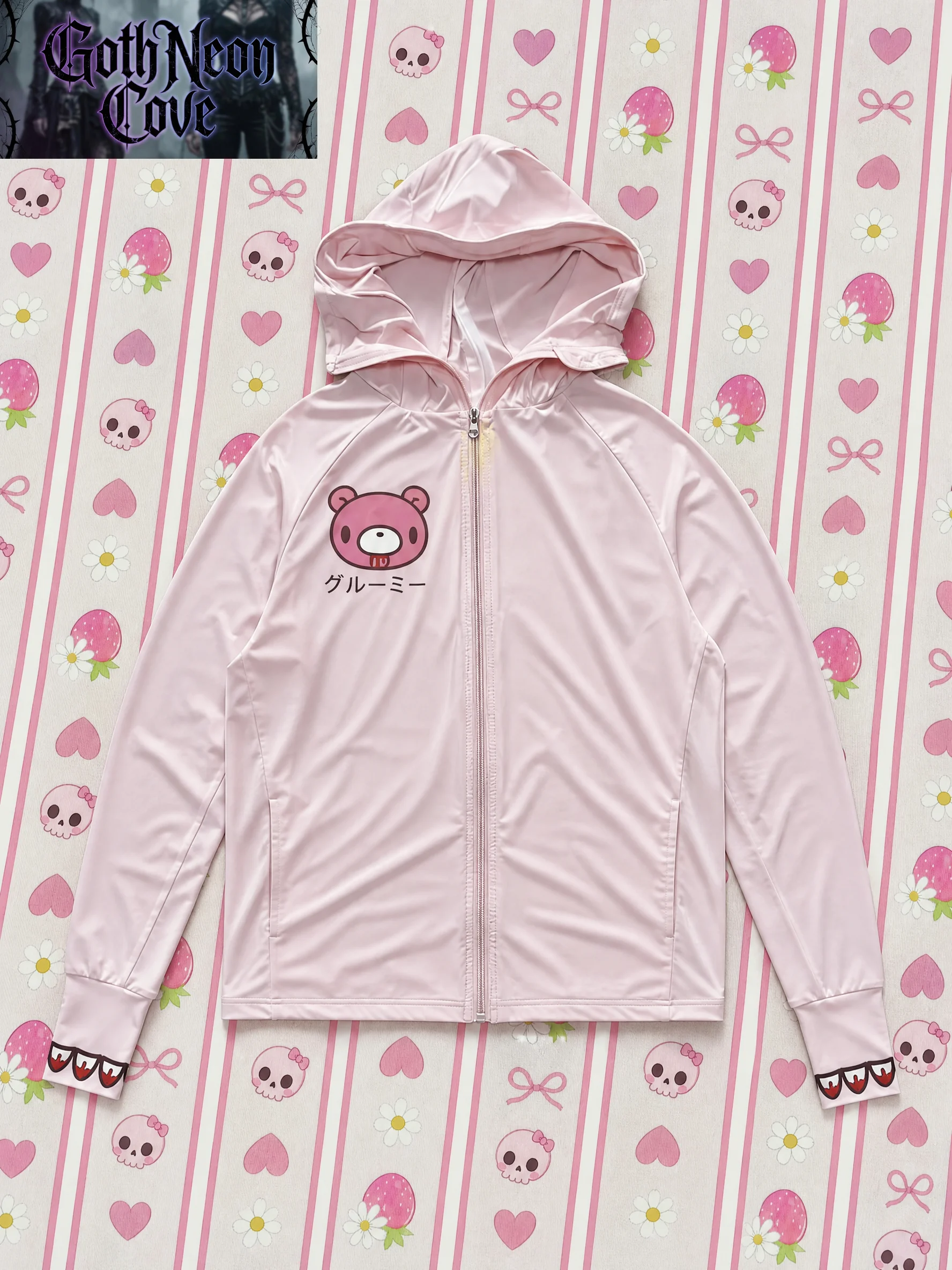 Sweet Kawaii Harajuku Cartoon Bear Graphic UV Protection Coat Women Pink Hooded Zip Up Cuff Print Loose Fit Casual Daily Outfit