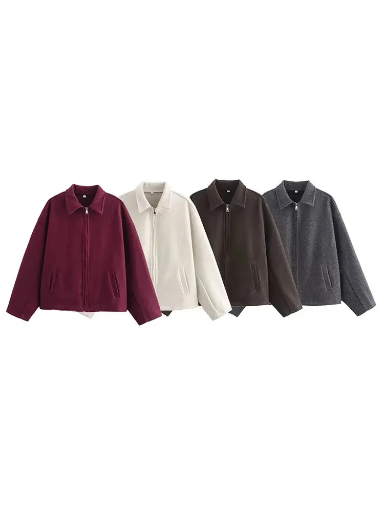 HH 2025 Women\'s Spring Fashion New Solid Color Casual Woolen Coat Retro Lapel Zipper Pocket Coat Elegant Women\'s Street Wear