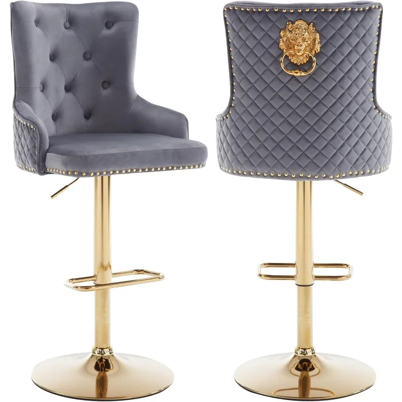 

Gold Bar Stools Set of 2, Modern Velvet Counter Height Adjustable Barstools with Diamond Lattice Wingback, Rivet Trim & Lion