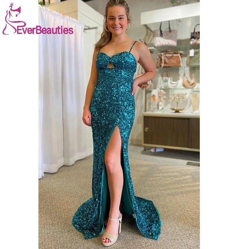 

Spaghetti Straps Sequins Prom Dresses Side Slit Formal Dresses for Women Glittery Sequins Evening Party Gowns Long Maxi Dresses