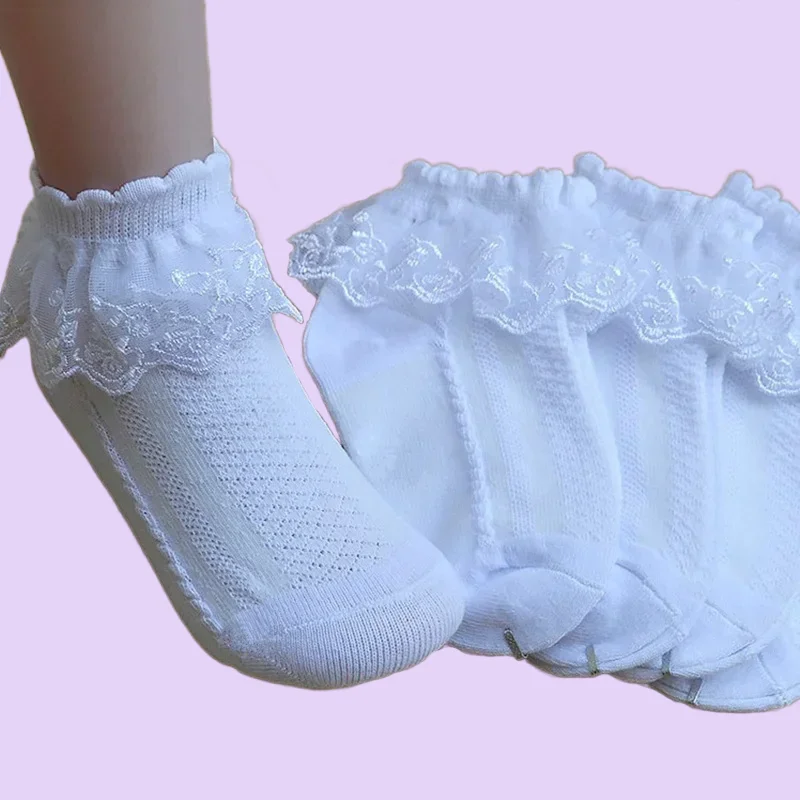 4/8 Pairs New Children Short Socks Breathable Mesh Lace White Ruffle Princess Socks White Pink Blue For Baby Girls Kids Toddler