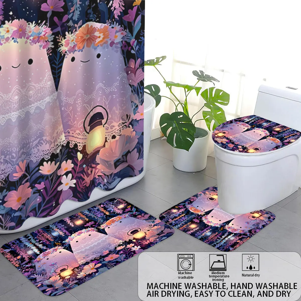 Pink Ghost and Floral Halloween Shower Curtain Set, Waterproof Quick-Dry Bathroom Curtain with 12 Hooks
