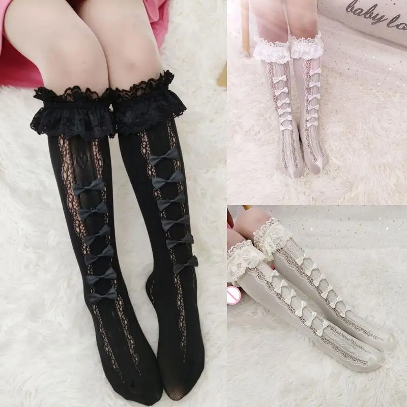 

P8DB Japanese Women Girl Knee High Socks Sweet Hollow Out Lace Patchwork Bowknot Anime Maid Stockings