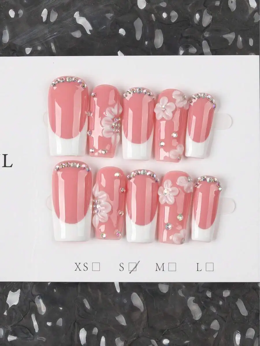 10pcs Y2K Style Handmade Press-On Nails French Design 3D Carving Acrylic Fake Nails For Women Party Holiday Daily Wear