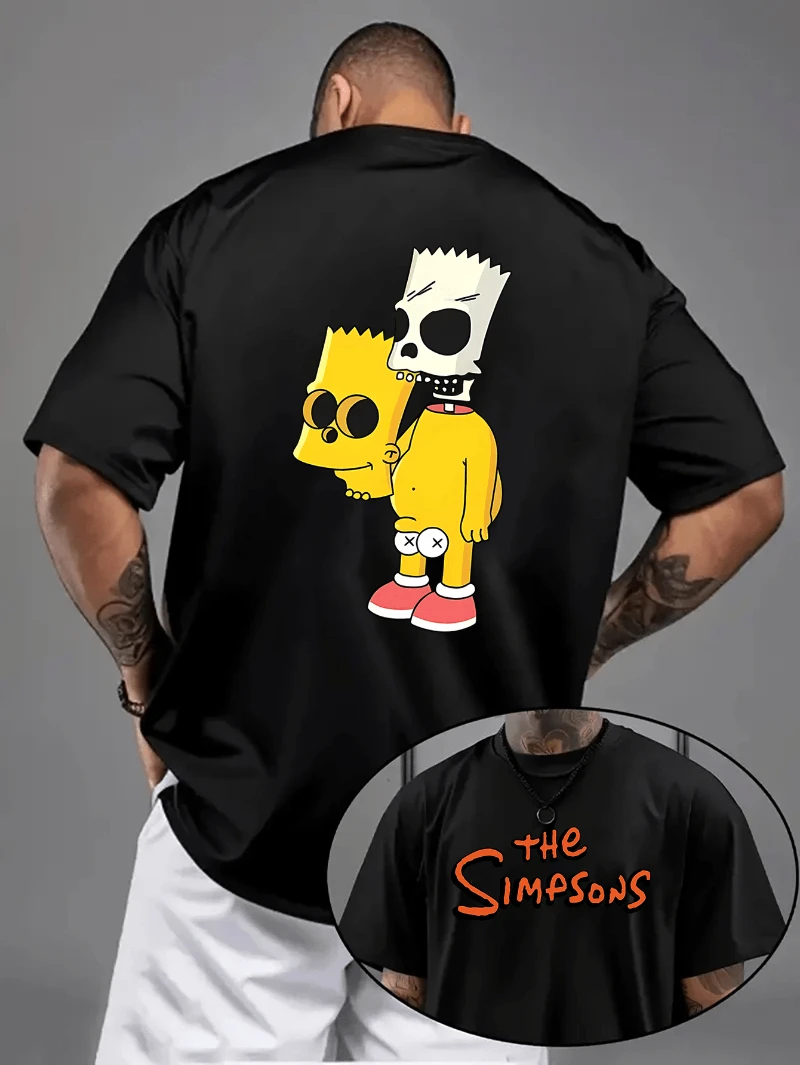 تي شيرت رجالي صيفي كاجوال بأكمام قصيرة مع نمط طباعة وتصميم جمجمة بارت، بلوزة بأكمام قصيرة ورقبة دائرية