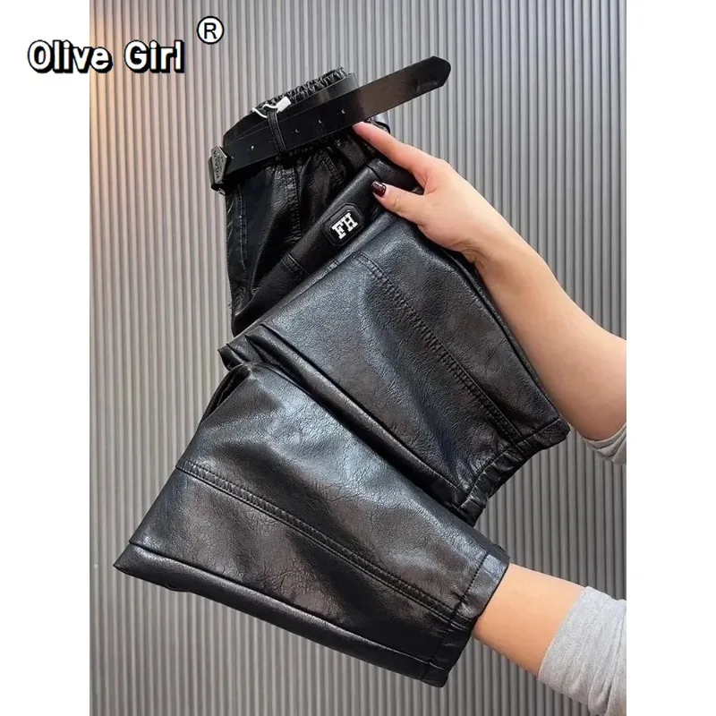 Olivegirl بنطلون نسائي مقاس كبير Y2k بنطال جلدي عالي الجودة PU غير رسمي مستقيم الساق بانت فضفاض نحيف عالي الخصر