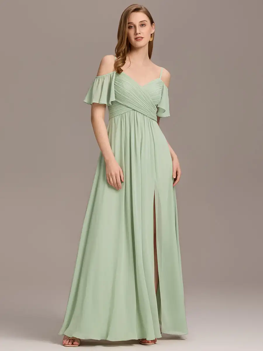 

BAZIIINGAAA Party Dress A Short Sleeve Off Shoulder Pleated A-Line Split Floor-Length Bridesmaid Dresses Evening Dresses ﻿