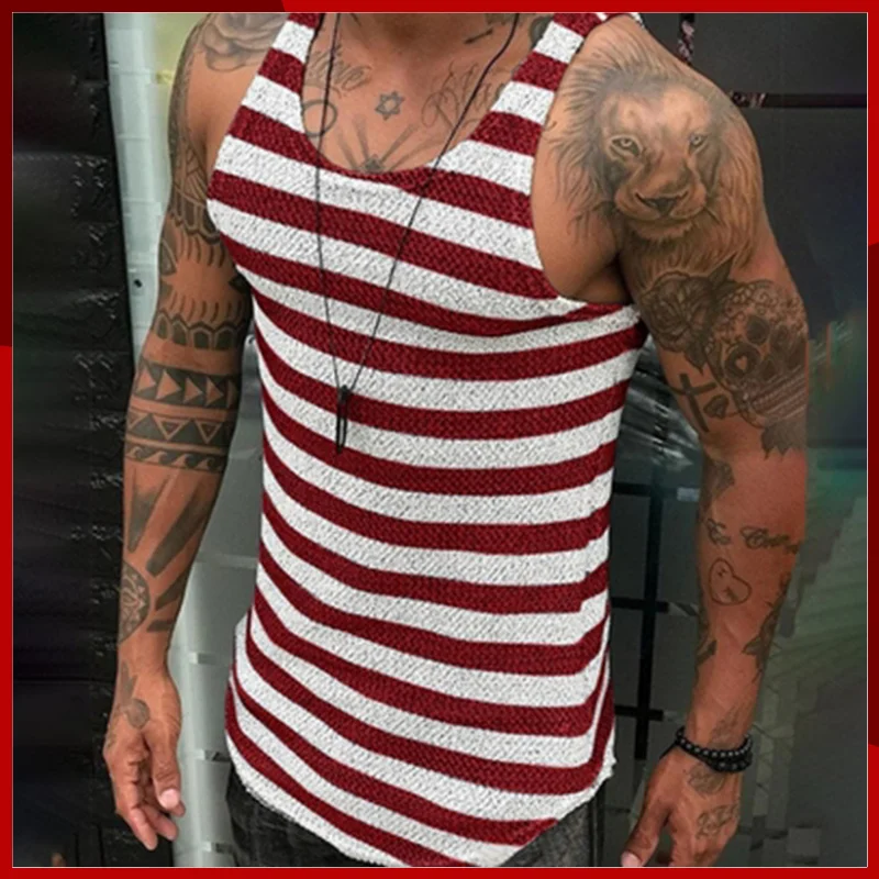 2024 European Station Men's New Summer Slim Fit Stripe Knit Shirt Men's Pullover Backing Knitted Tank Top