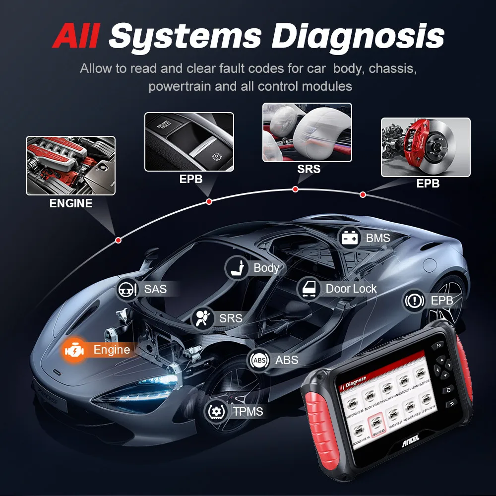 اداة تشخيص جميع الأنظمة للسيارة ، ماسح OBD2 للسيارة ، قارئ رمز إعادة ضبط 6 + ، PCM ، BCM ، نظام الهيكل الكهربائي