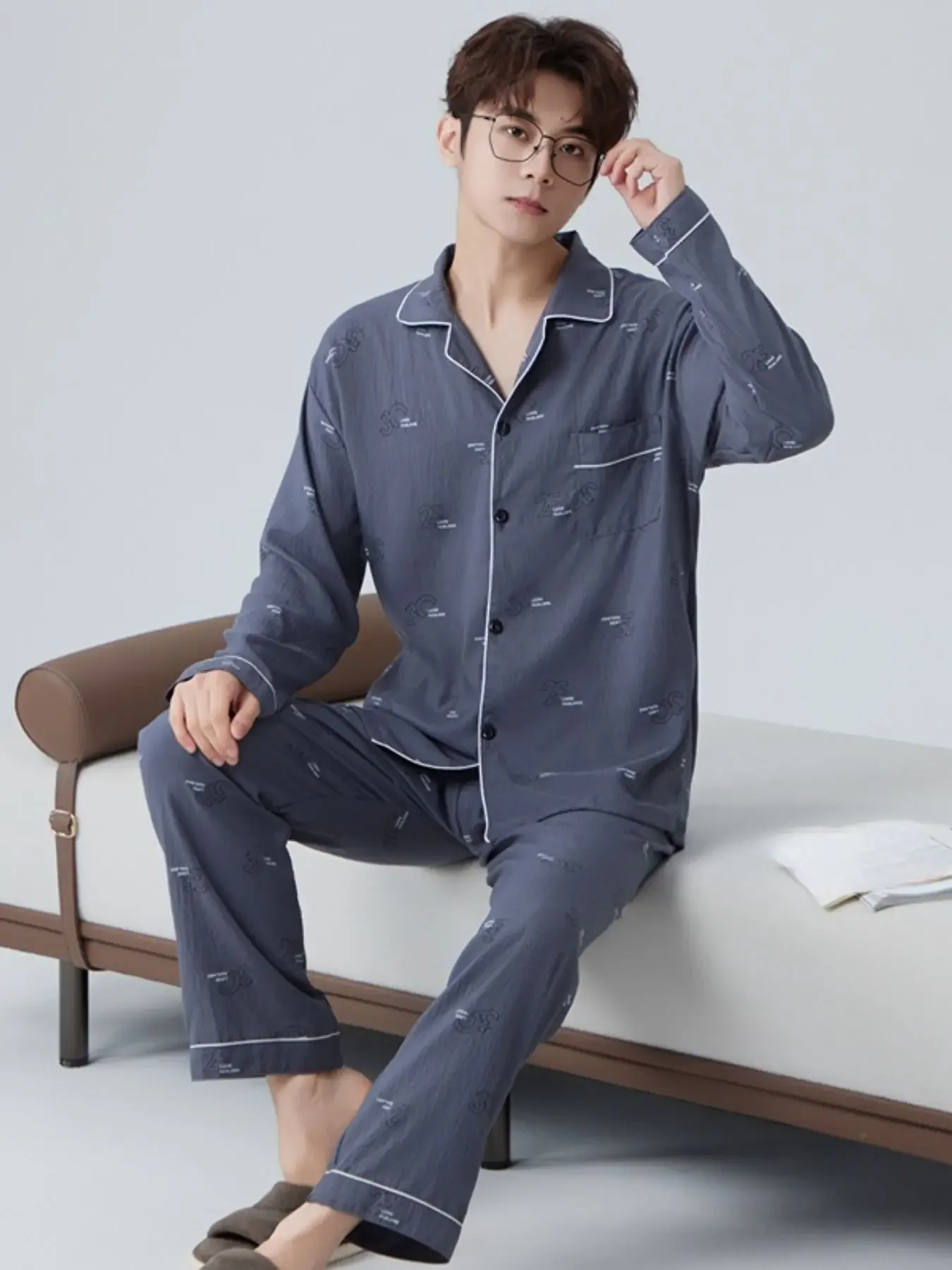 Young Men Letter Print Pajama Set Spring Summer Casual Y2K Style Long Sleeve Top and Long Pant Two Piece Set Comfort Loungewear
