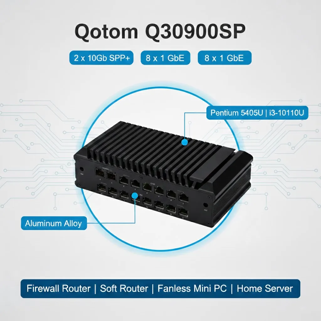 Qotom Q30900SP Router Firewall 10Gb SFP+ Pentium 5405U i3-10110U 6x2.5GbE 8x1GbE Router por Software Mini PC Sin Ventilador Servidor Doméstico