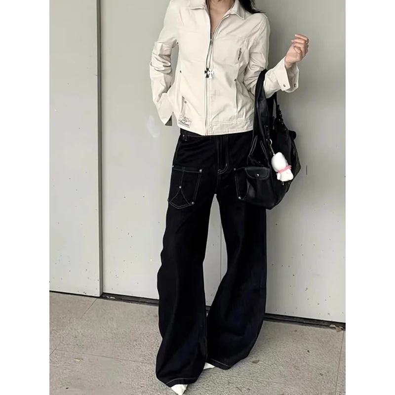 

ZHIZOU женские черные мешковатые джинсы Y2k винтажные ковбойские брюки Harajuku оверсайз джинсовые брюки эстетичная тройная японская одежда 2000-х годов