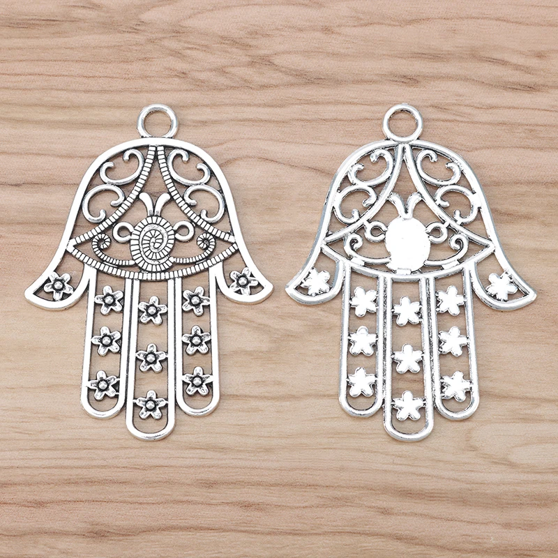 2 Pieces Tibetan Silver Large Hamsa Hand Charms Pendants for DIY Necklace DIY Jewelry Making Findings Accessories 85x62mm