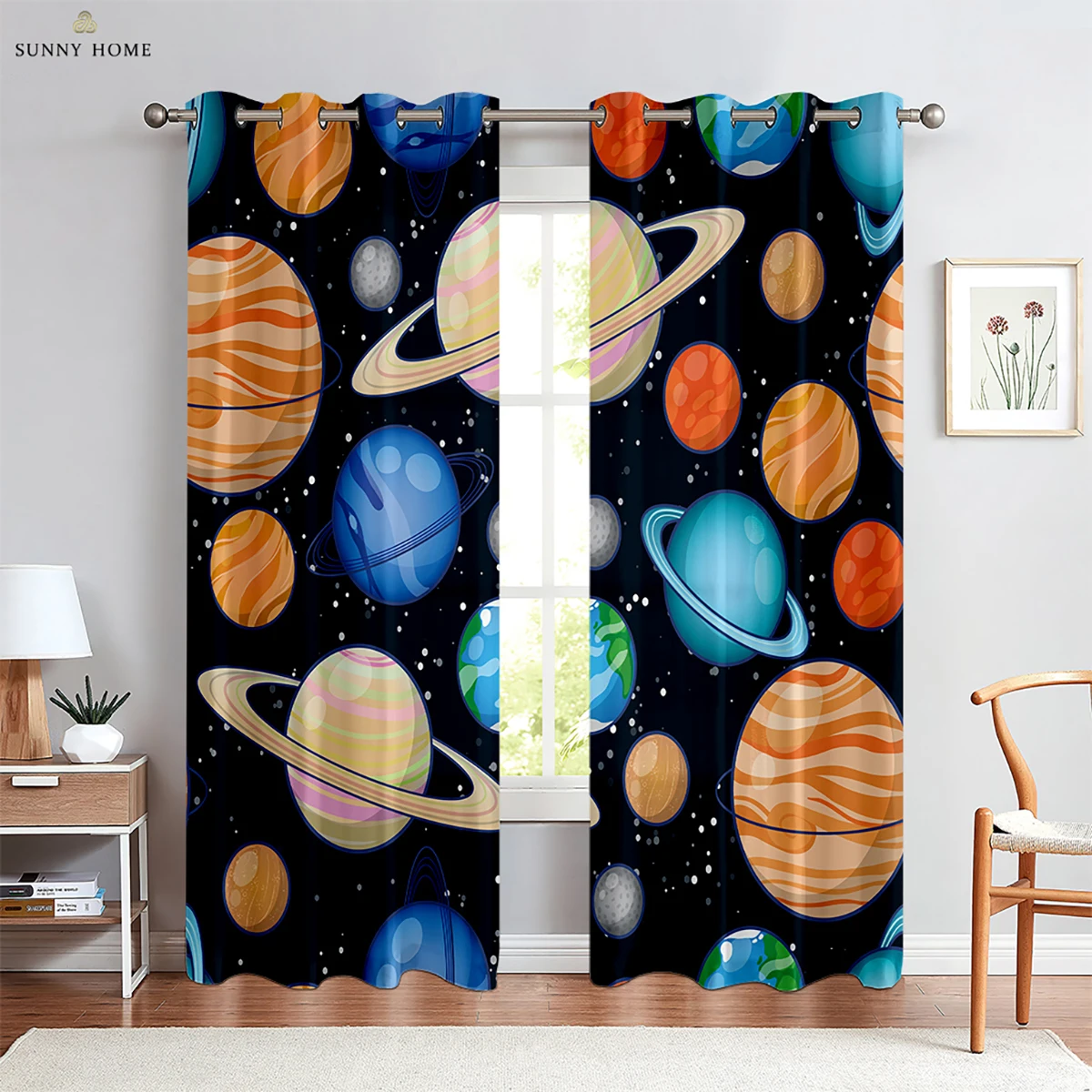 Cartoon Starry Sky Planet Curtains Children's Room Living Room Study Window Decoration Curtains Can Be Customized 2 Pieces