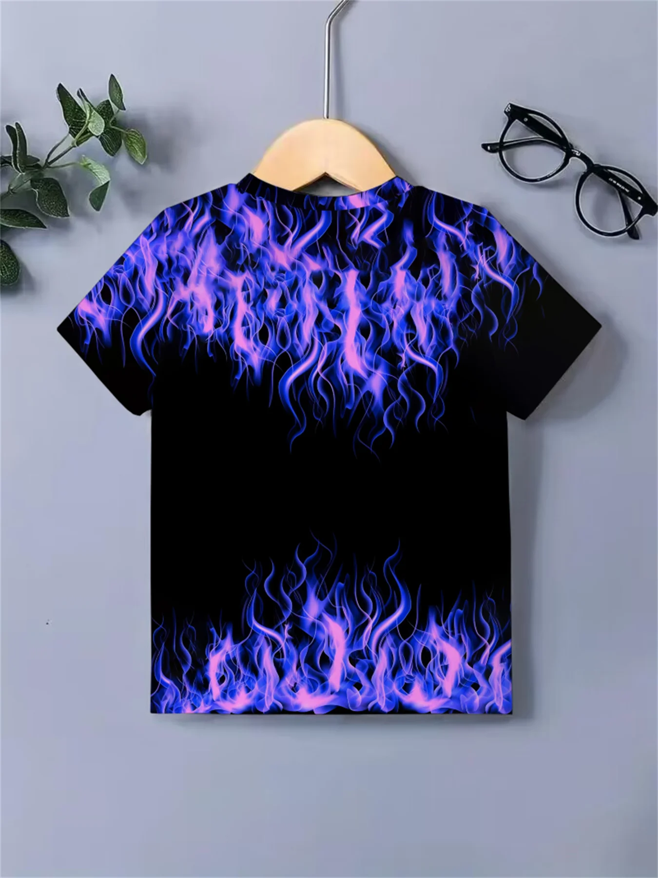 Fashion Purple Flame Short Sleeve 3D Print Knit T-Shirt Summer Casual Boy Outdoor Street Individual Flame Short Sleeve Top