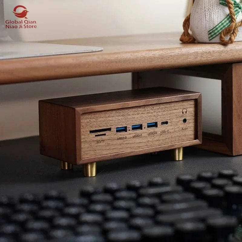 Creative Desk‑Setup Solid Wood Black Walnut Computer USB3.0 Multi‑Port Card Reader, 12‑in‑1 Splitter, Docking Station HUB