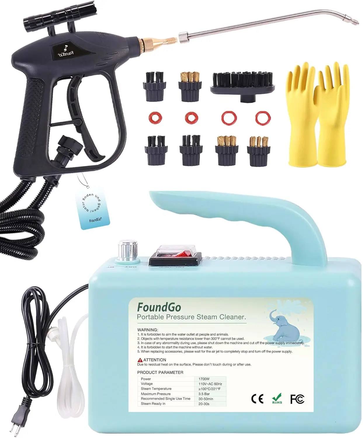 

1700W Tankless Handheld Steam Cleaner with 7 Brushes 20s Heating to 239℉ Pressurized Portable Steam Cleaner, Cleaning Home