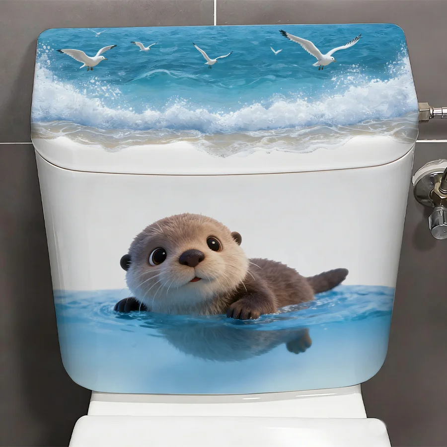 

Playful Sea Otter Floating on Ocean Waves Alongside Seagulls, Toilet Lid Sticker, Waterproof Home Decoration Decal Stickers S903