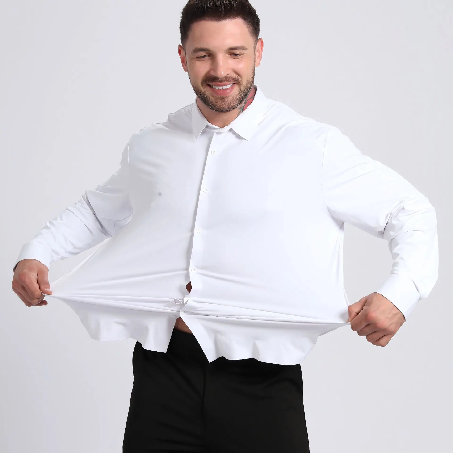 Four-Sided High Elasticity Shirt Men's Silky Non-ironing Muscle Slim-fitting Men's Elasticity Shirt Short or Long Sleeve