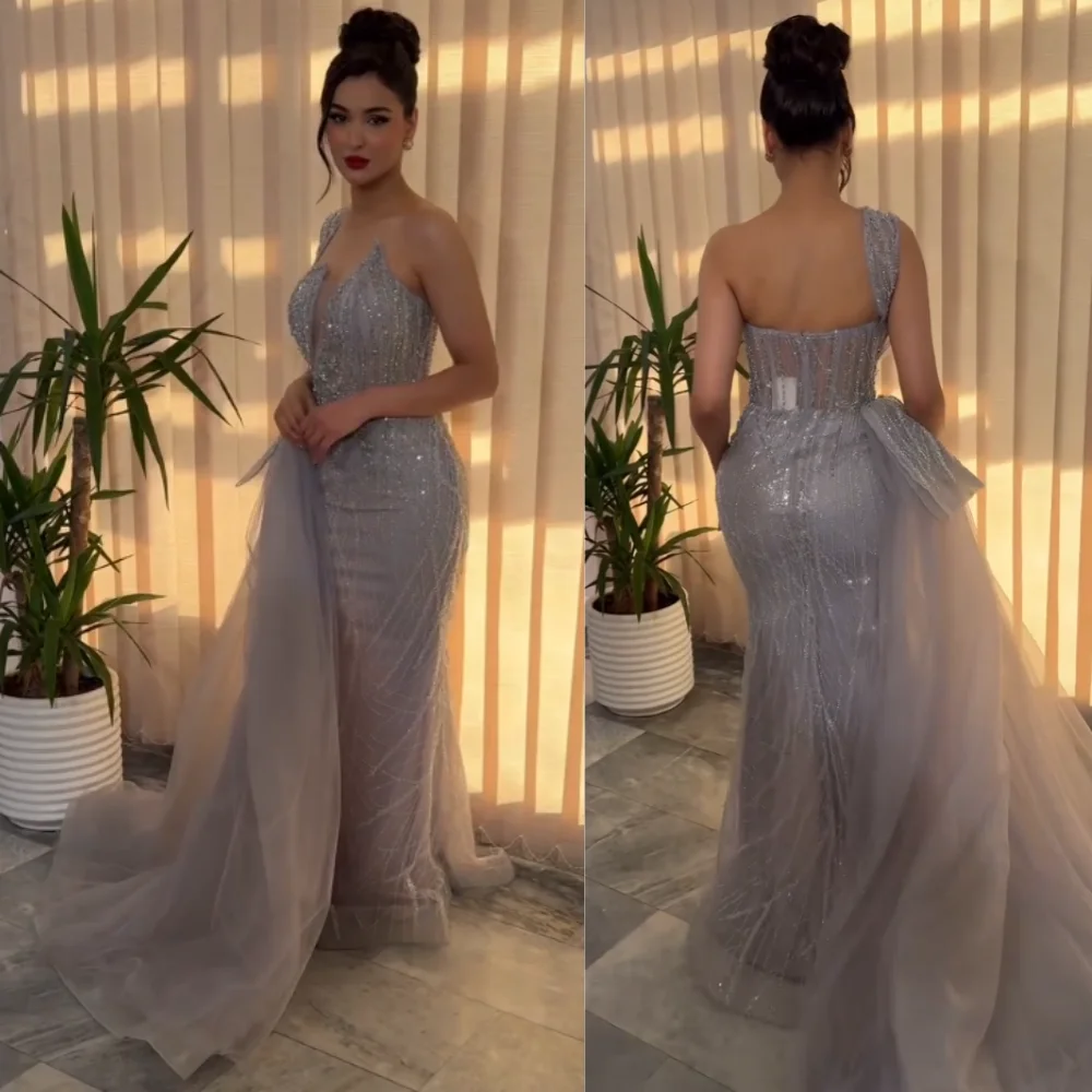 

Customized Sparkle Organza Sequined Pleat Trumpet One-shoulder Long Dresses Bespoke Occasion Fashion Matching
