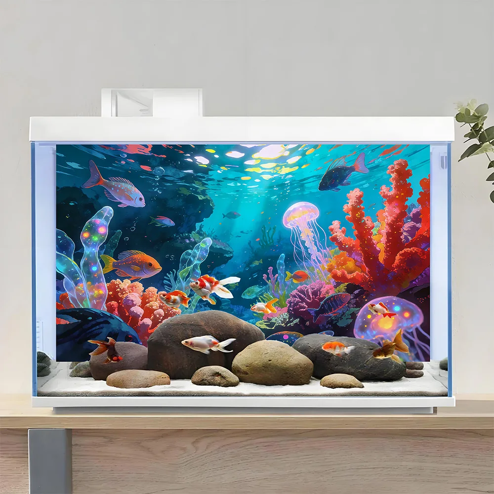 Aquarium Background Sticker, Jellyfish Coral , Self-Adhesive Flat Sticker for Fish Tank & Reptile Terrarium