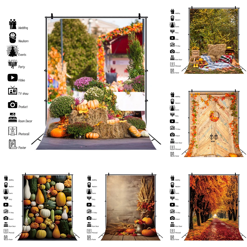 

Autumn Yellow Falling Leaves Photography Background Jungle Pumpkin Farm Straw Stacks Wooden Door Backdrop Photo Studio Props