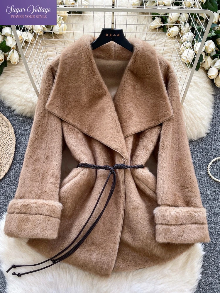 

French Elegant Winter Plush Coat Women V-Neck Oversized Lapel Tie-Waist Faux Fur Jacket Soft Warm Luxury Atmospheric Outerwear