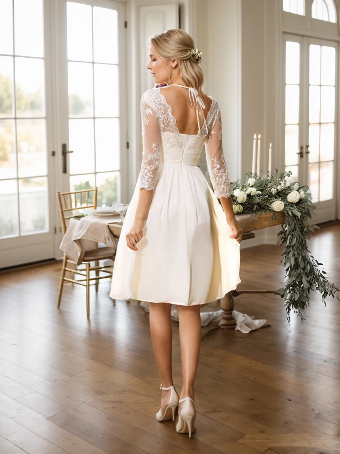 Elegant Modern A-Lineชุดแต่งงานVคอ 3/4 แขนเสื้อชีฟองAppliquesเข่าความยาวBeachซ้อมอาหารค่ํา 2025 ฟรีที่กําหนดเอง