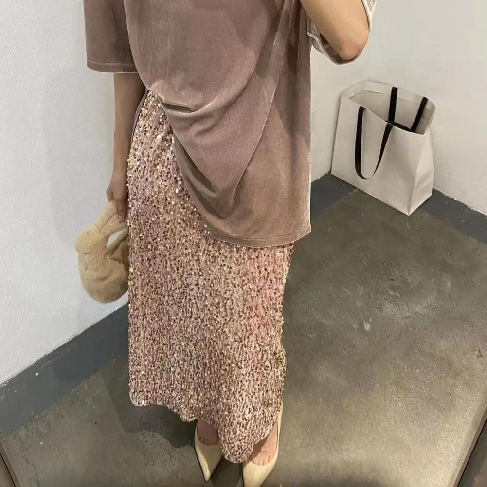 تنورة ناعمة قابلة للتنفس، تنورة طويلة أنيقة مزينة بالترتر للنساء بخصر عالٍ وتصميم بلون سادة، تنورة طويلة لتشكيل الساق