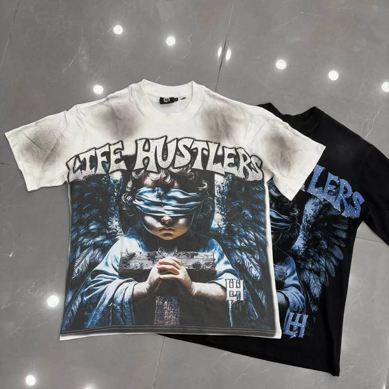 Life Hustlers Street Retro Angel Letterprint Beaded Loose Hole-Rise Short-Sleeved T-Shirt for Men and Women