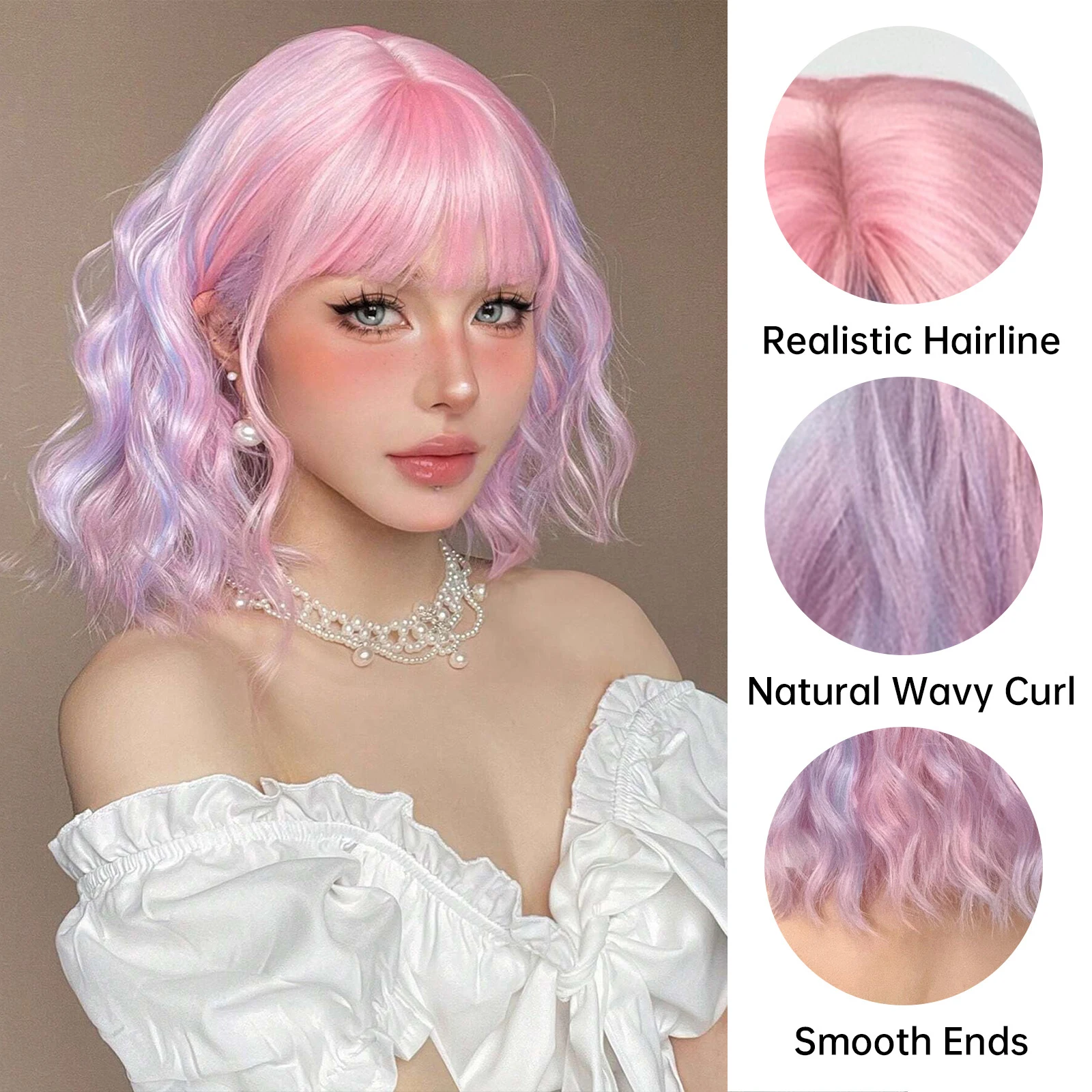 Curly Pink Purple Mixed Blue Wavy Synthetic Wigs with Bangs Short Bob Colorful Cosplay Wig for Women Natural Heat Resistant Hair