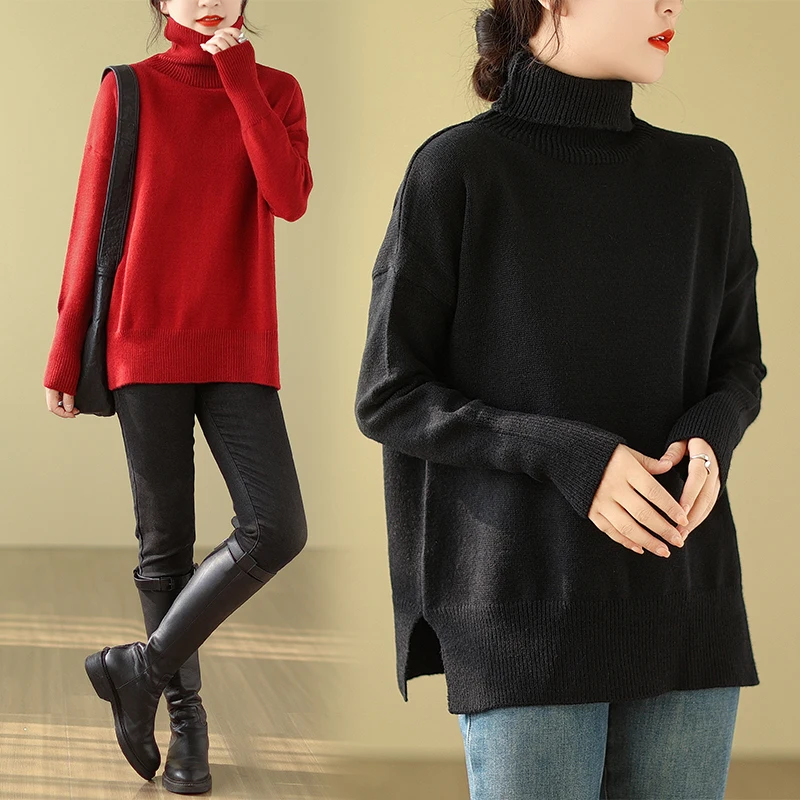 

Autumn Winter Loose Turtleneck Women's Sweater Solid Color Versatile Simple Office Lady Fashion Casual Long Sleeve Pullovers