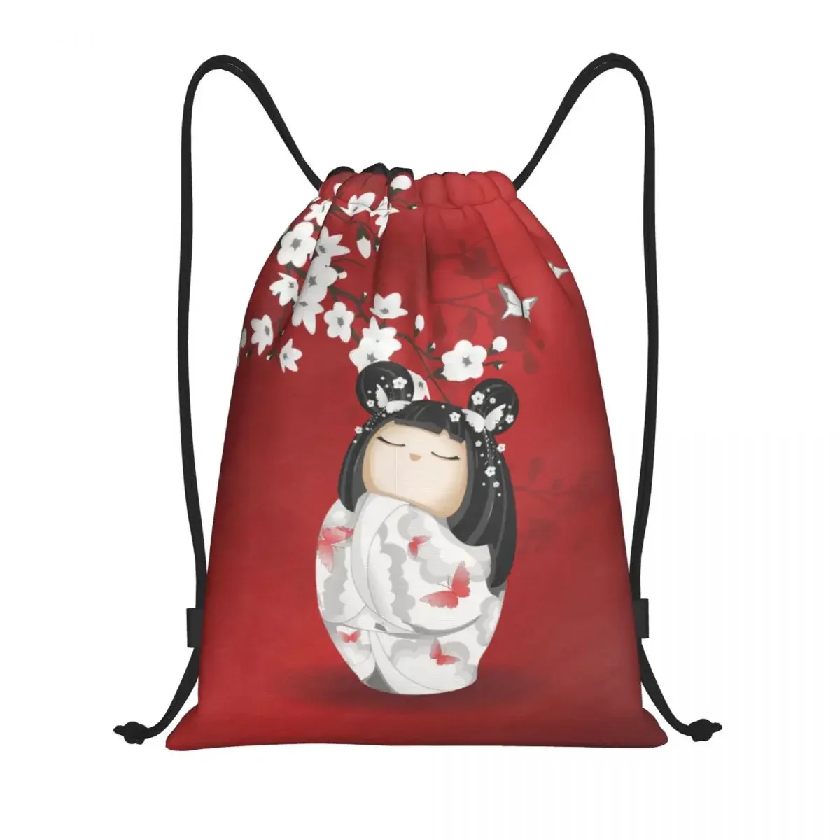 Mochila de cordão para esportes Gym Bag para homens e mulheres, boneca Kawaii Kokeshi, flores de cerejeira, arte gueixa japonesa, sacola de compras