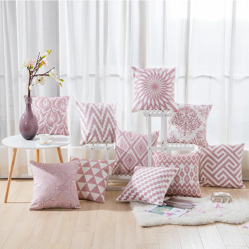 2-Piece Pink Cotton Canvas Pillowcase 45*45cm Embroidered Modern Geometric Embroidery Pillow Cover Living Room Cushion Case