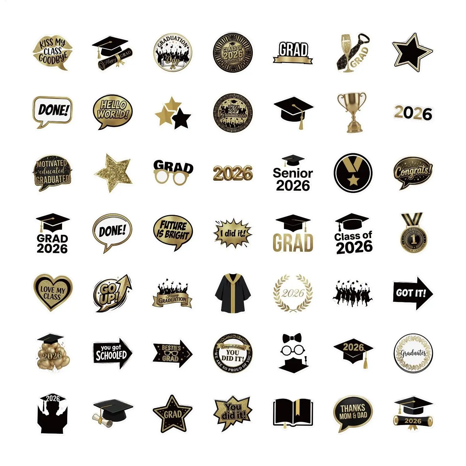 

50PCS Black Gold Vinyl Graduation Stickers Stylish Waterproof Decals 2026 Graduation Theme Decals For Boys Girls Laptop