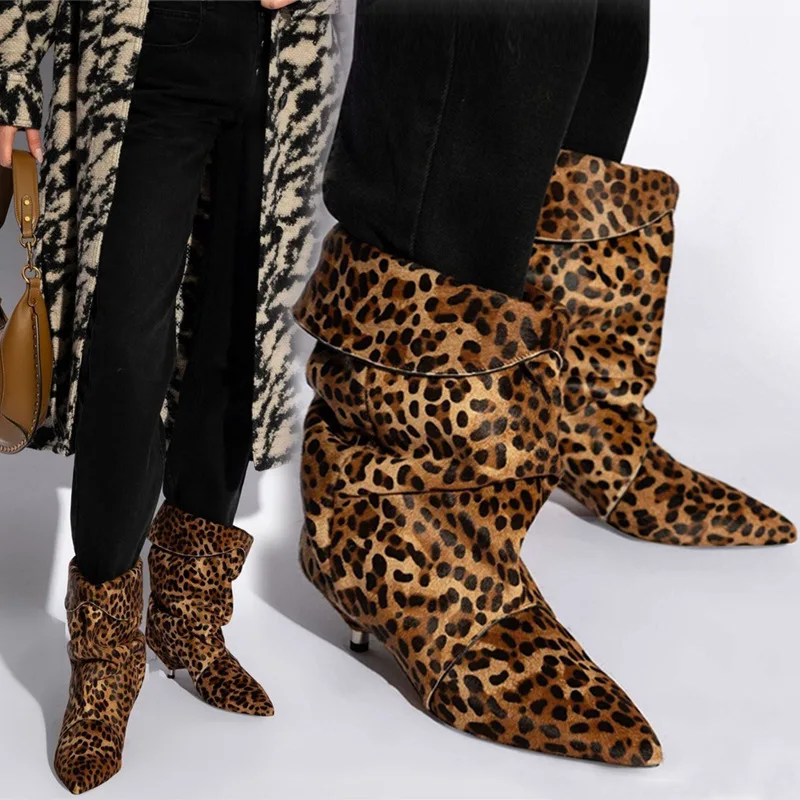 

V-Neck Pointed Toe Foldable Low Heel Ankle Boots Leopard Print Pleated Western Botines Large Sizes Slip-On Stiletto Short Botas