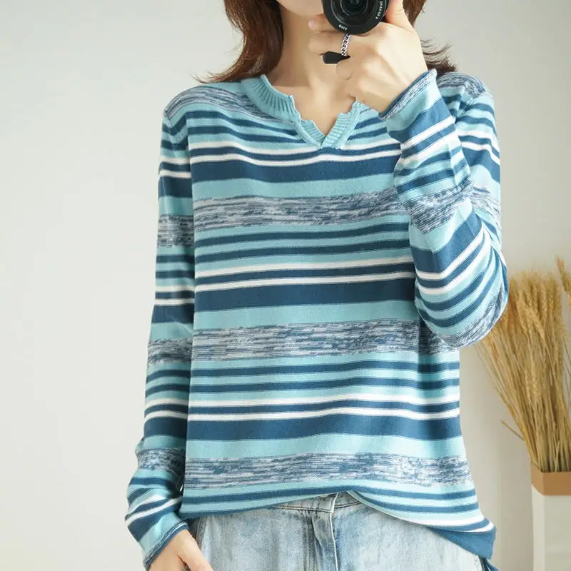 

Cotton Knited Striped Women Sweater Pullovers Autumn New V-Neck Long-Sleeved Slim Casual Female Pulls Outwear Tops