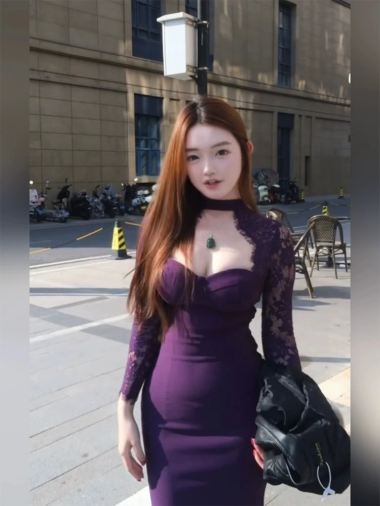 

XZY Сексуальное фиолетовое кружевное платье-миди для женщин больших размеров, облегающее, с высокой талией, из полиэстера, с длинными рукавами