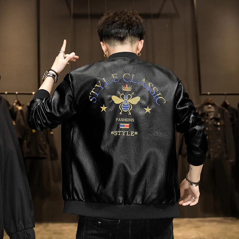 Autumn 2023 Brand Design Fashion Embroidery Causal Black Coat Spring Men Motor Biker Pocket PU Leather Jacket