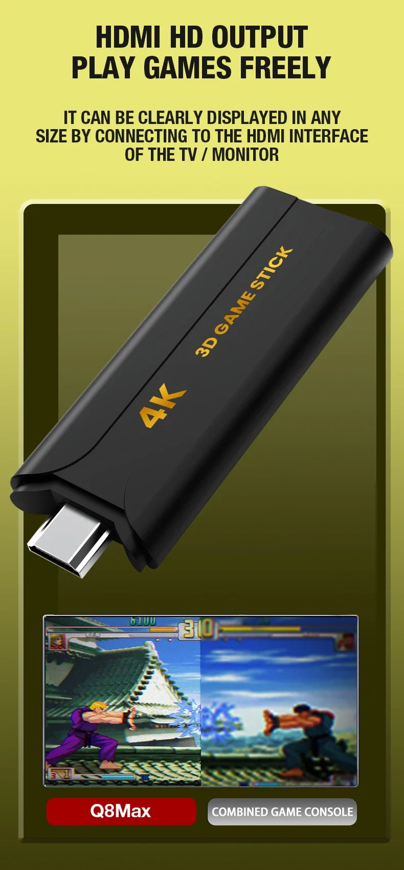 Juegos de consola Q8 max Game Stick 4K con mando inalámbrico de 2,4G salida HD consolas de videojuegos Retro caja de juegos de TV clásica