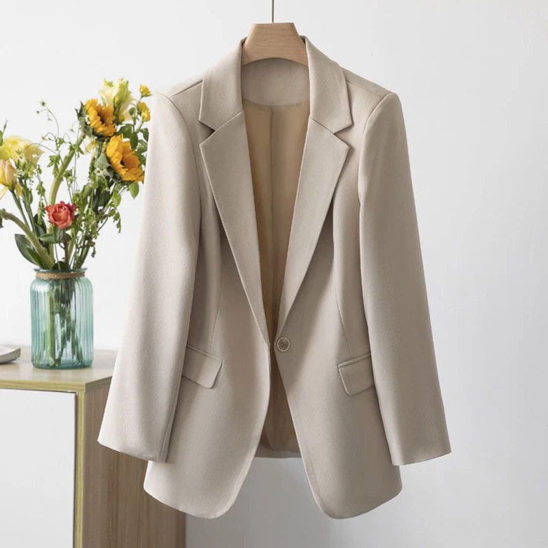 คลาสสิกสีทึบปุ่มเดียว Blazer สําหรับผู้หญิงฤดูใบไม้ผลิฤดูใบไม้ร่วงเปิดลงปกชุดสูทแจ็คเก็ตผู้หญิง Slim เสื้อแขนยาว