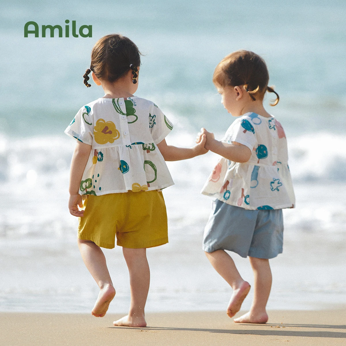 Amila Kids' 2023 Summer New  Baby Girls`Suit Cotton Light Short Sleeve and Shorts Breathable Two Piece Set Cute