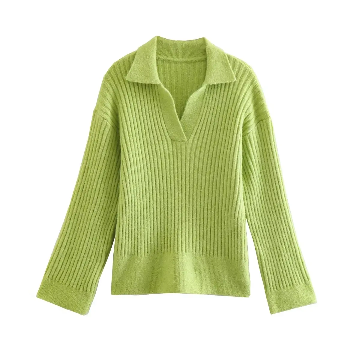 Suéter verde para mujer, Jersey de manga larga, Top acanalado, Tops cálidos, Otoño e Invierno