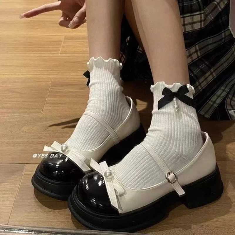 Women Pearl Bow One Strap Buckle Low-Cut Platform Mary Jane Shoes,Preppy JK Lolita Height Increasing Student Dress Shoes,