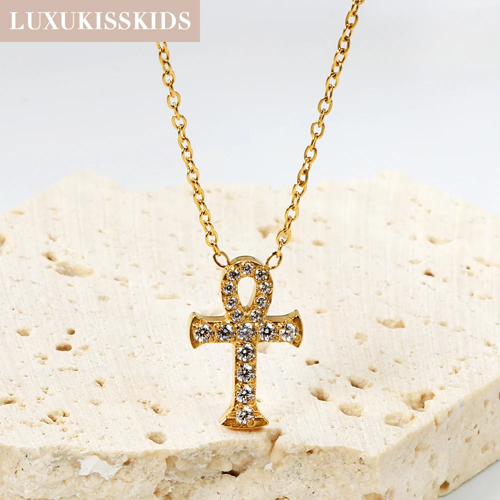 LUXUKISSKIDS المصرية عنخ الصليب الدين قلادة مطلية بالذهب رمز الحياة الصليب القلائد حجر الراين قلادة مجوهرات هدية #1