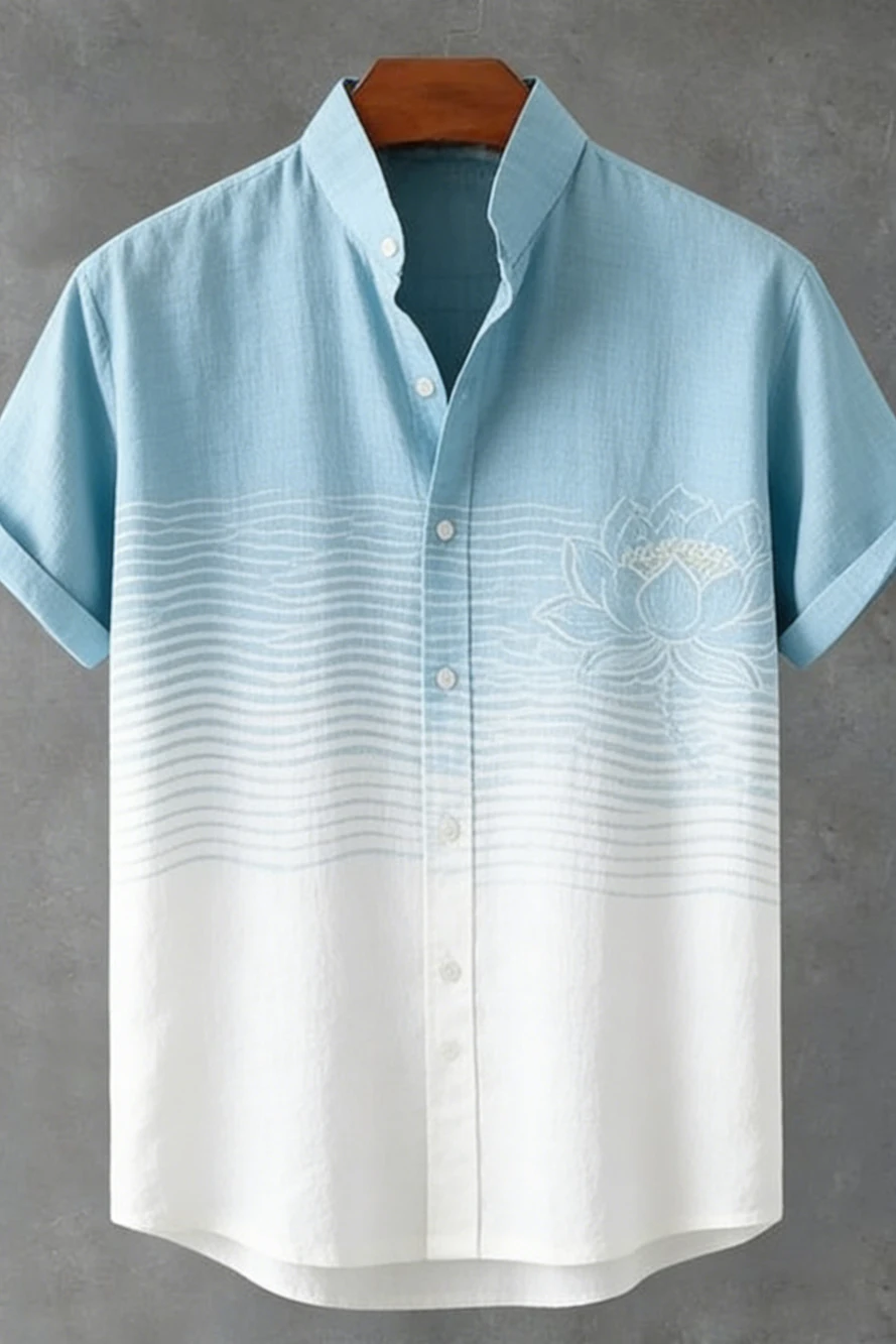 Men's Shirt Gradient Lotus Floral Print Turn‑down Collar Short Sleeve Vacation Party Casual Button Down Tops Summer Men Clothes