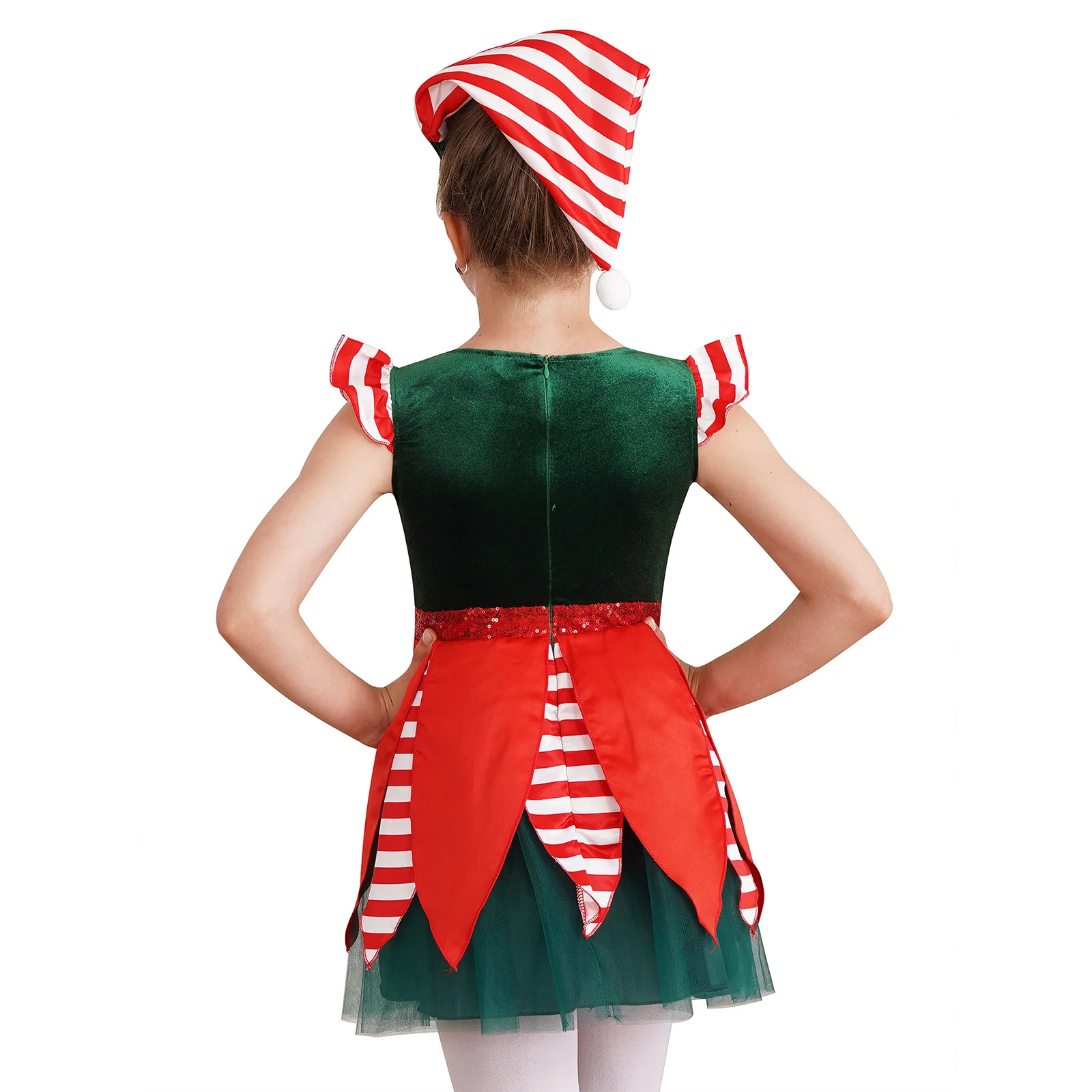 Kids Girls Sequins Stripes Print Mesh Tutu Dress with Hat Round Neck Sleeveless Figure Ice Skating Dress Christmas Dance Costume