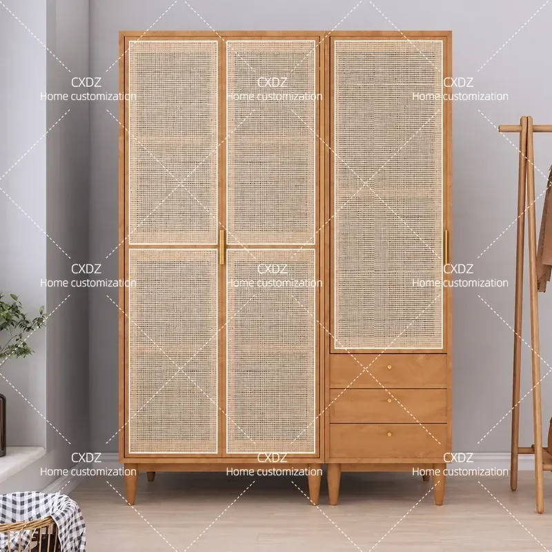 Nordic Simple Solid Wood Wardrobe Rattan Storage Large Cabinet for Small Apartment Bedroom High Cupboard Combination