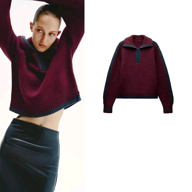 봄 신상 여성 캐주얼 하이넥 긴팔 니트 스웨터 골지 스플라이싱 폴리에스터 섬유 루즈핏 출퇴근 스타일